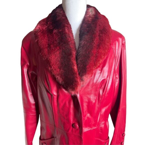 NWT Terry Lewis Classic Luxuries red leather long coat with faux fur hood - size - Picture 5 of 13